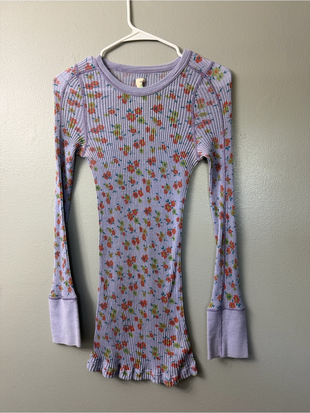 Free People Lavender Floral Ribbed Long Sleeve Top medium